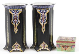 Pair of Art Nouveau hexagonal vases decorated with foliate motifs and a 1930s square box and cover