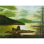 C Meres - Dornie Wester Ross, castle and loch Scotland, oil on board, inscribed verso, framed, 59.