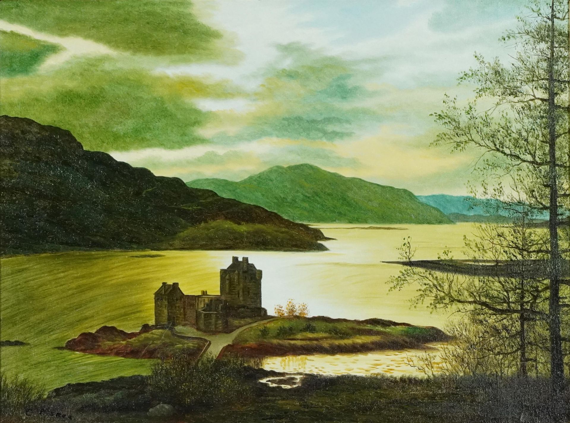 C Meres - Dornie Wester Ross, castle and loch Scotland, oil on board, inscribed verso, framed, 59.