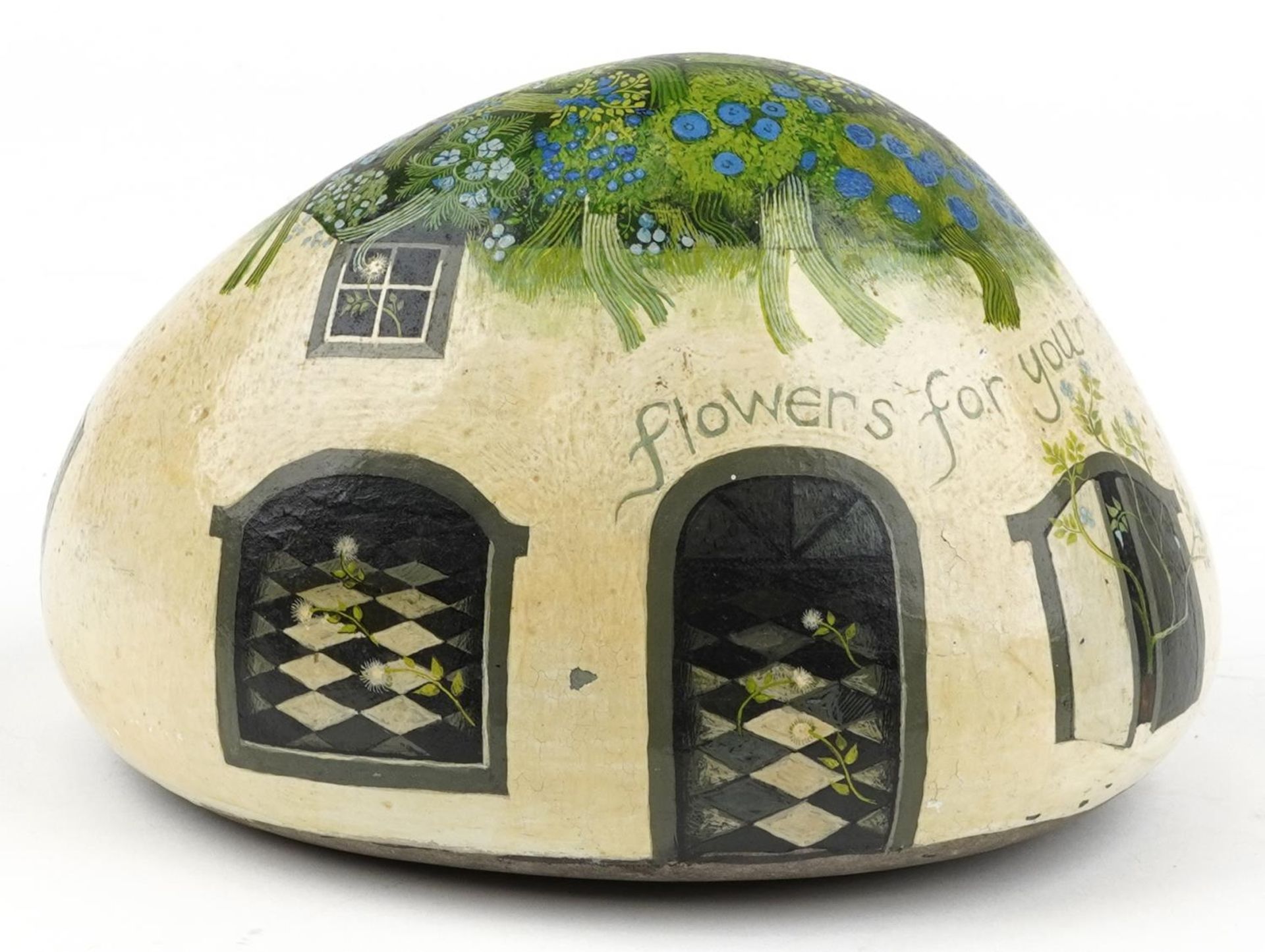 Irene Jones 1978 - Flowers for You, large Cornish school hand painted pebble stone, 21cm wide