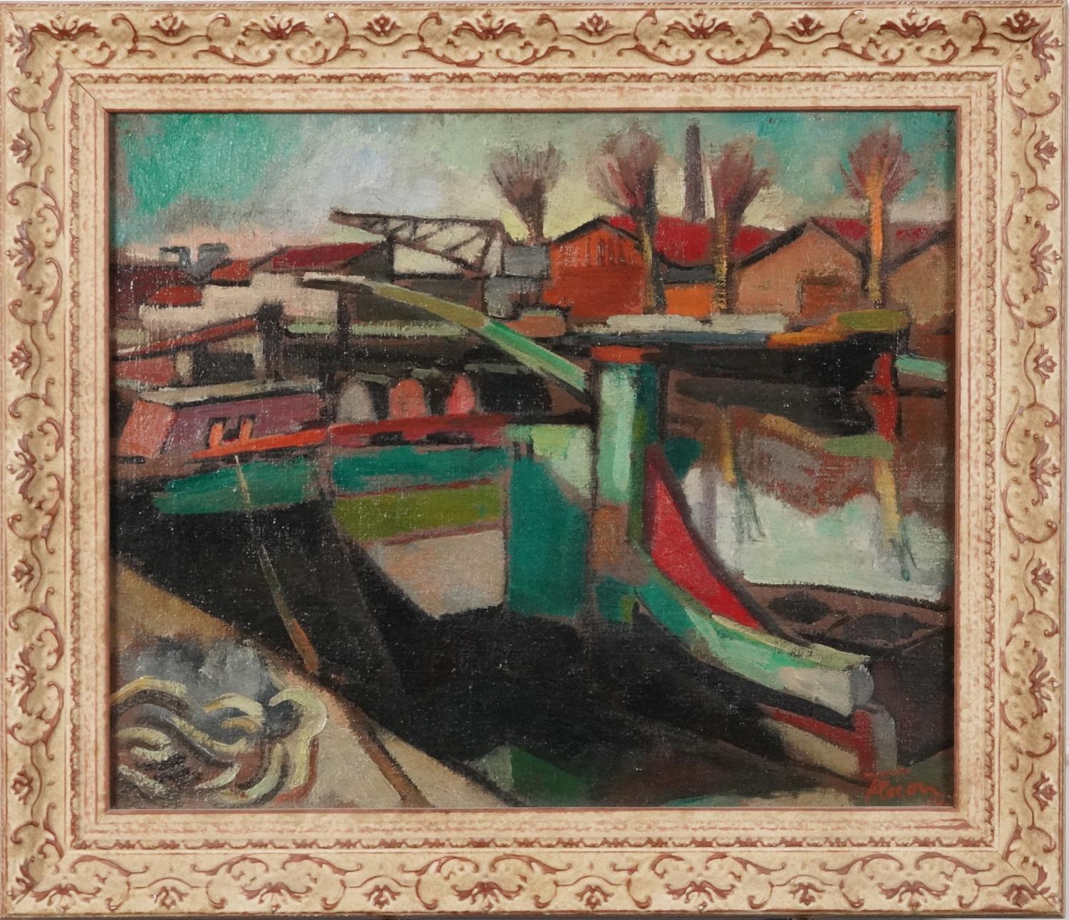 Albert Flocon - Abstract composition, canal scene, German school oil on canvas, details verso, - Image 2 of 5