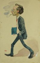 Matthew Pritchett - Gentlemen smoking wearing spectacles, ink caricature, mounted framed and glazed,