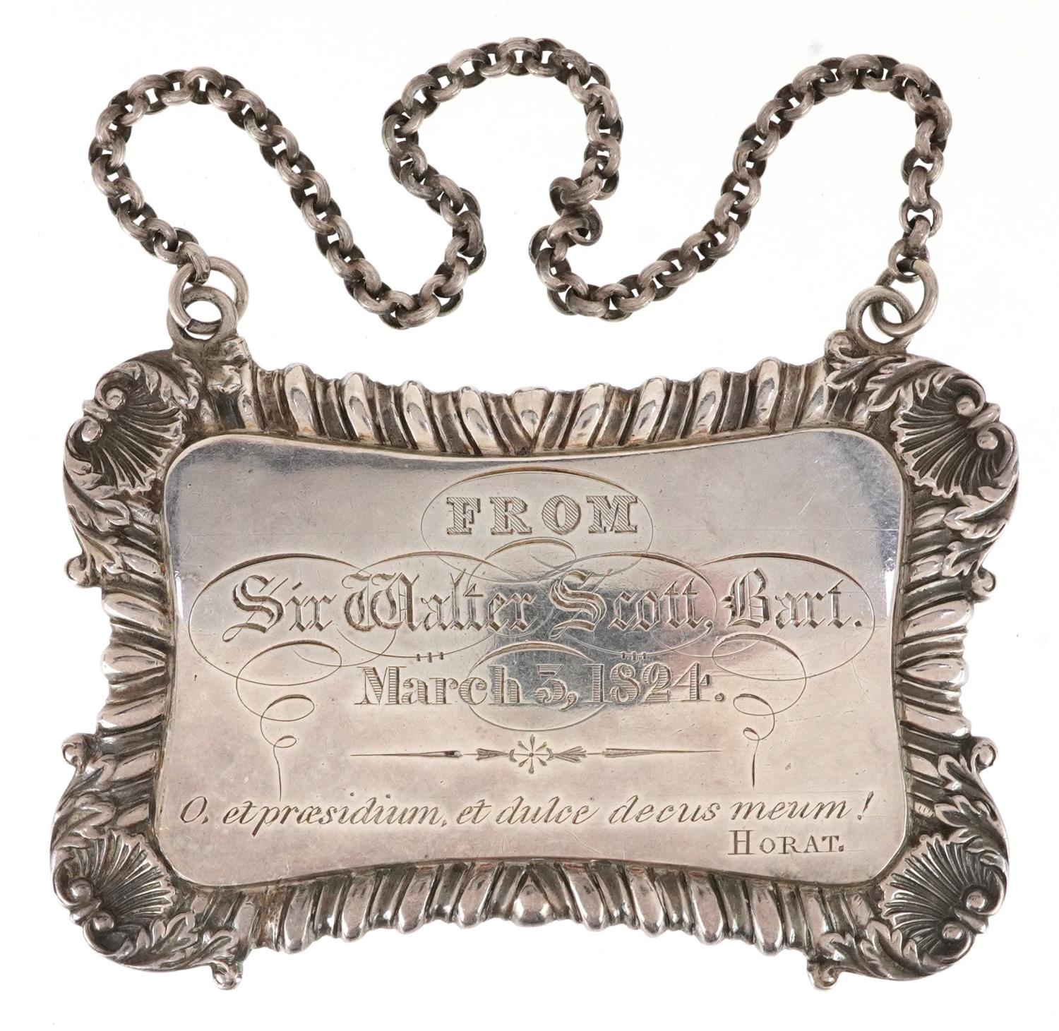 Sir Walter Scott interest George IV Scottish silver decanter label with presentation inscription - Image 2 of 4