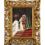 Cavalier with lover on stairwell, French school porcelain plaque housed in a giltwood Florentine