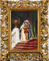 Cavalier with lover on stairwell, French school porcelain plaque housed in a giltwood Florentine