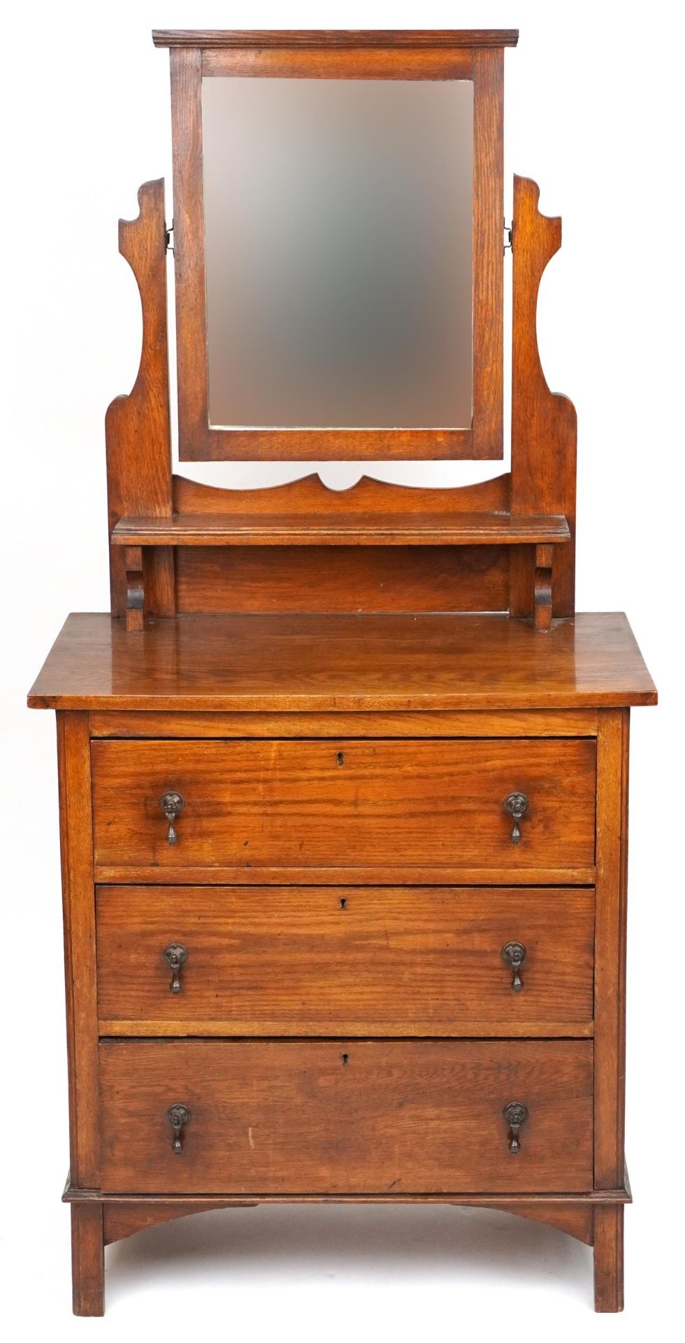 Arts & Crafts oak dressing chest with mirrored back and three drawers, 158.5cm H x 75.5cm W x 42.5cm - Bild 2 aus 4