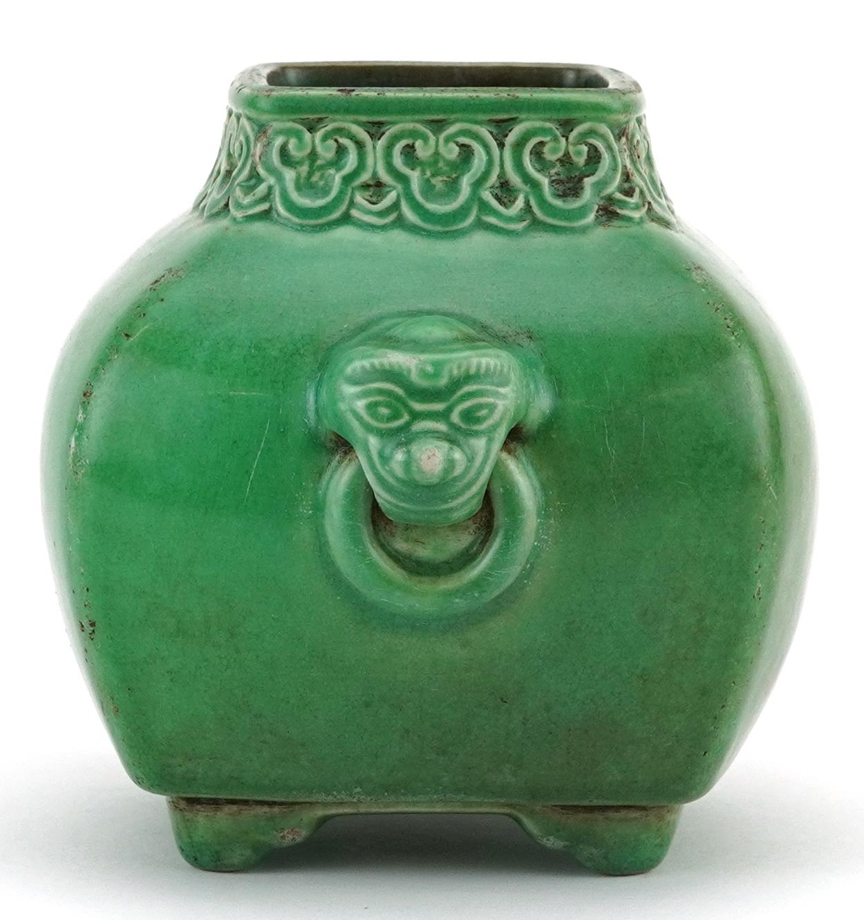 Chinese porcelain green glazed four footed vase with animalia ring turned handles and ruyi head - Image 2 of 7