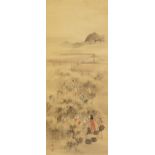 Harvest scene, Chinese ink and watercolour wall hanging scroll signed with calligraphy and red
