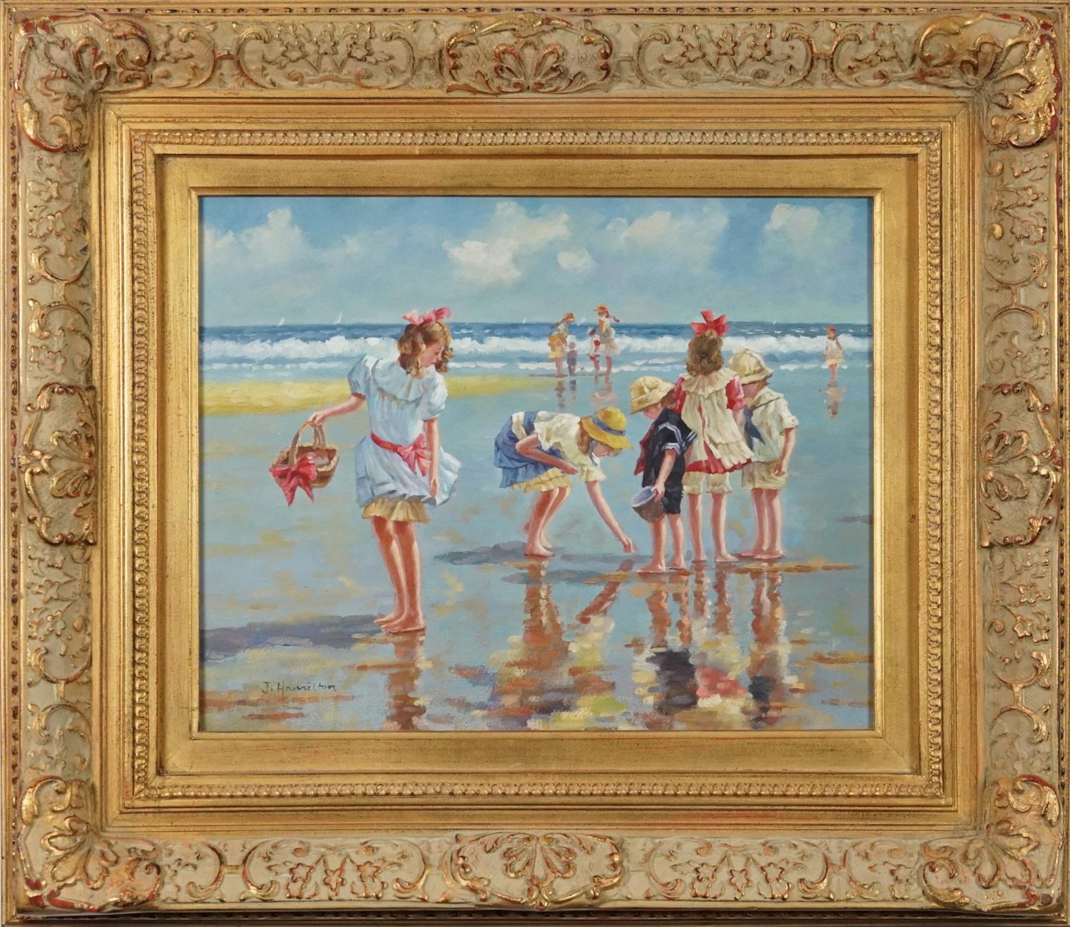 J Hamilton - Beach scene with children playing, contemporary oil on panel, mounted and framed, - Image 2 of 7