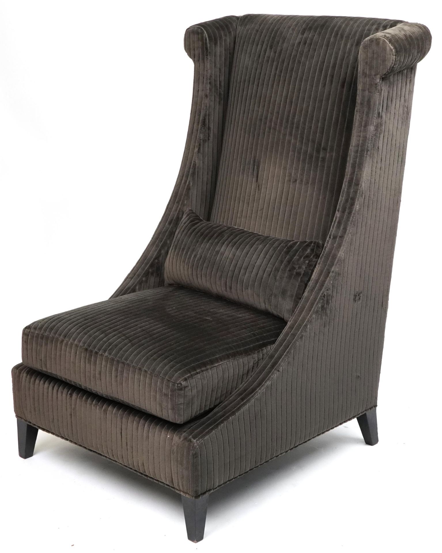 Contemporary dark olive green upholstered throne lounge chair with ebonised legs and cushion,