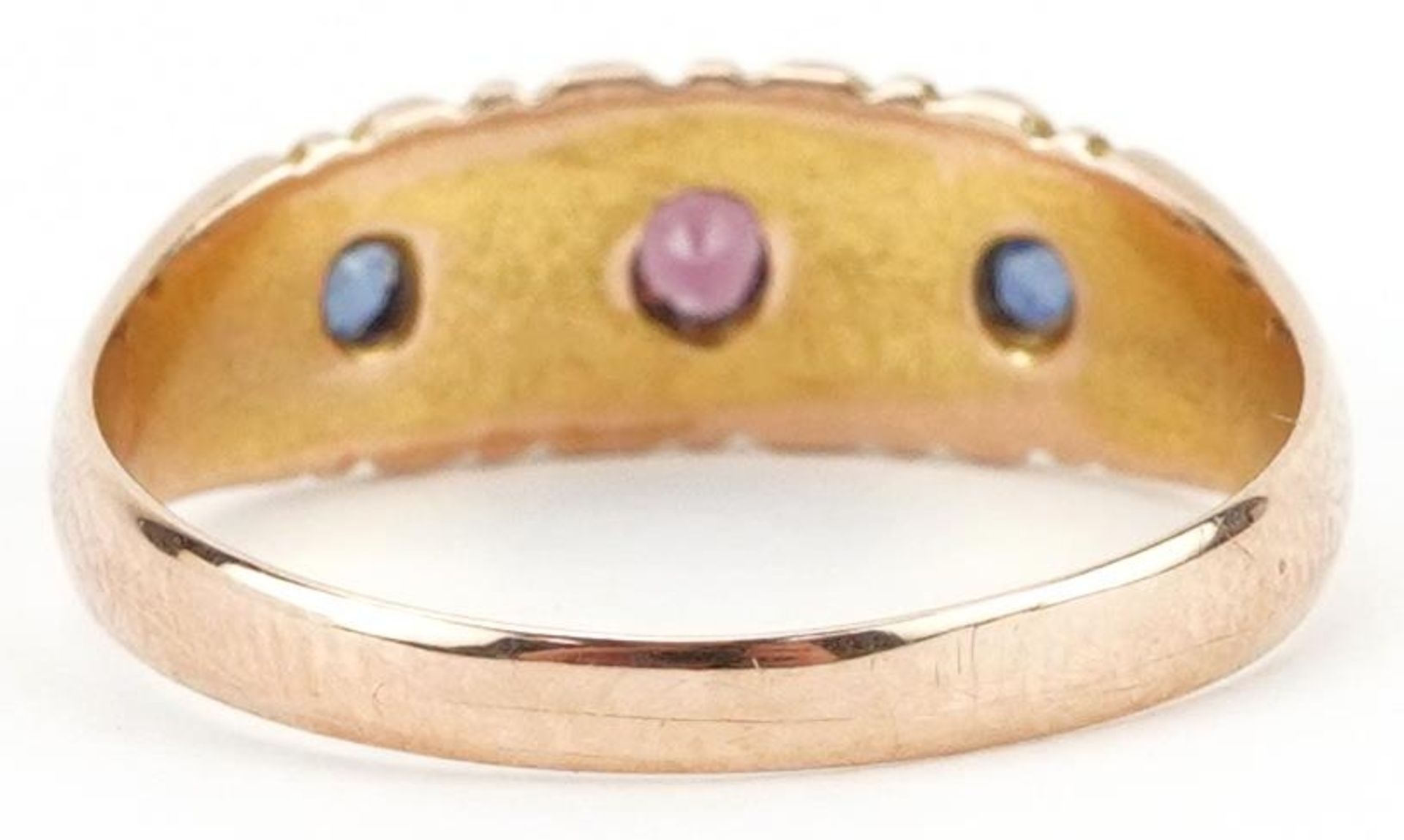 Victorian 15ct gold garnet, sapphire and seed pearl ring, Birmingham 1898, size M, 2.3g - Image 2 of 4