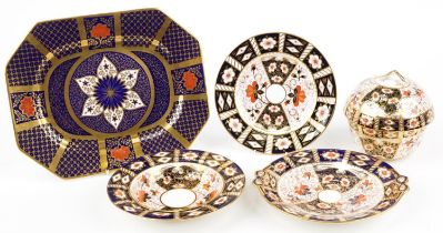 Old Imari porcelain including Royal Crown Derby plate and a Caverswall Romany rectangular platter by