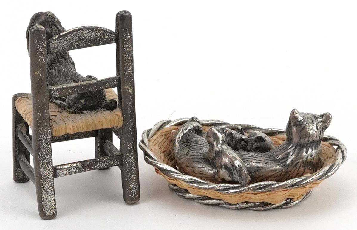 Two miniature silver and wicker animals comprising cat in a basket with kittens and a dog seated - Image 2 of 4