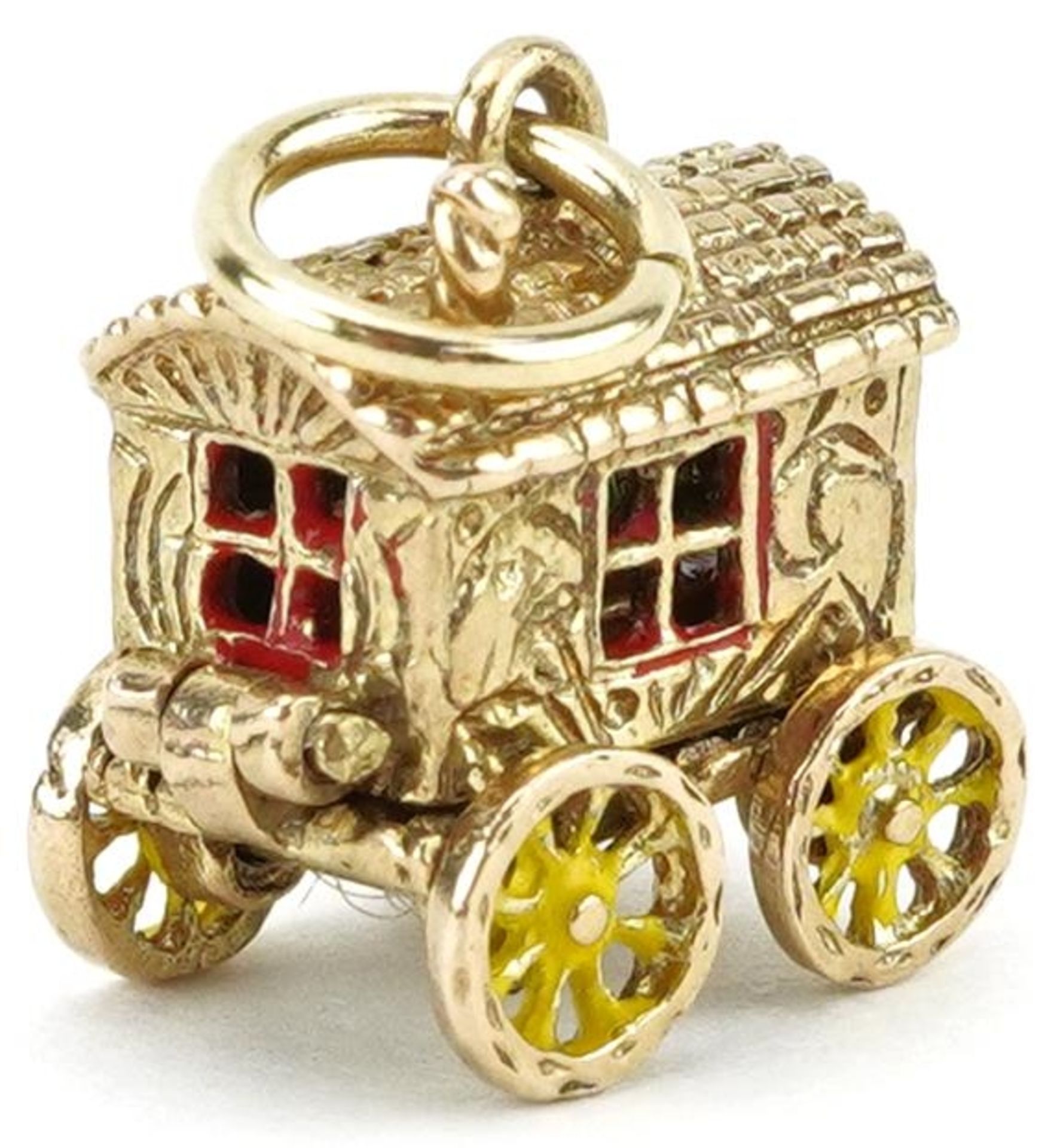 9ct gold and enamel charm in the form of a Gypsy wagon with rotating wheels opening to reveal a - Image 3 of 4