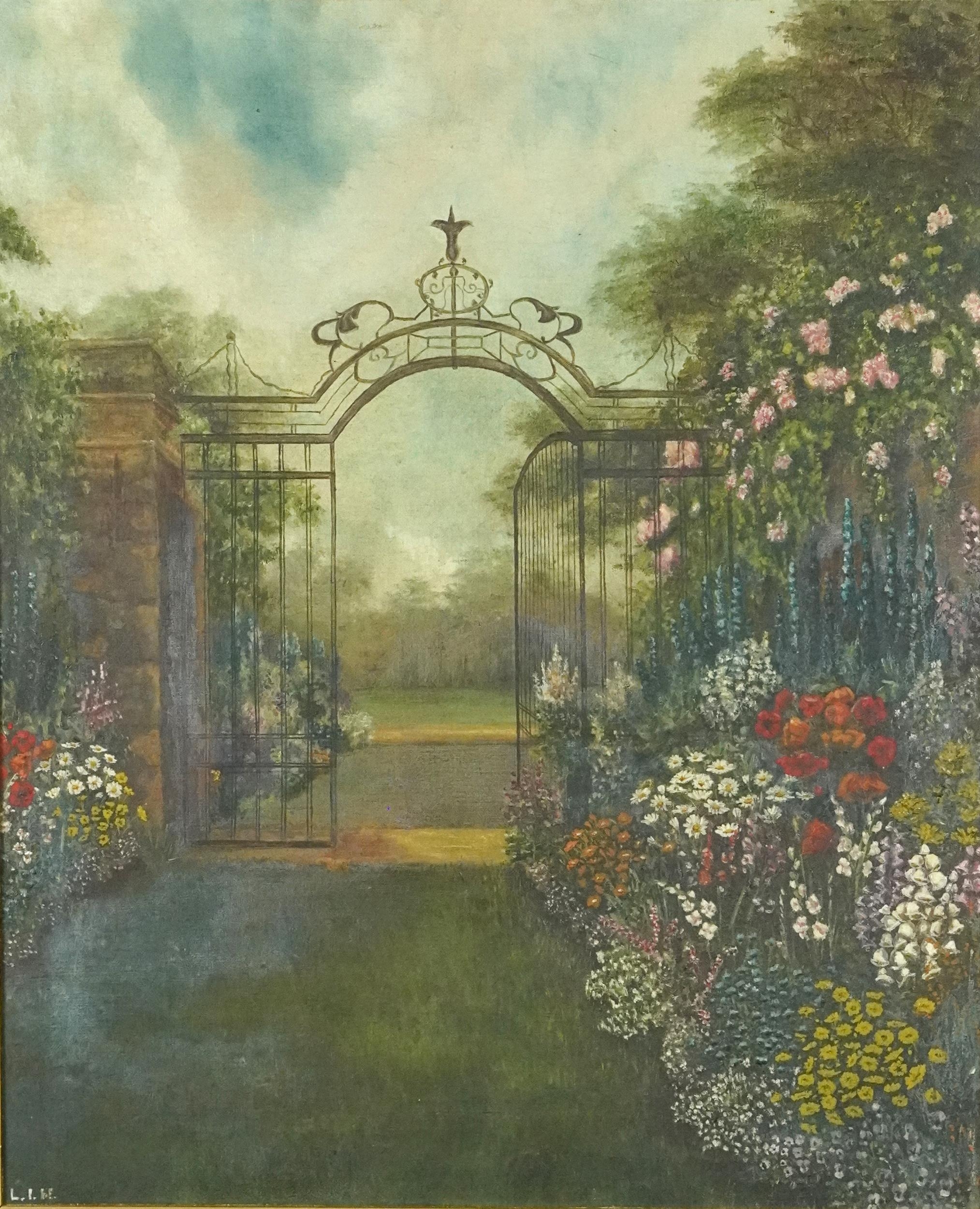 Garden of flowers with iron gate, 19th/20th century oil on canvas, mounted and framed, 54cm x 44cm