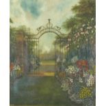 Garden of flowers with iron gate, 19th/20th century oil on canvas, mounted and framed, 54cm x 44cm