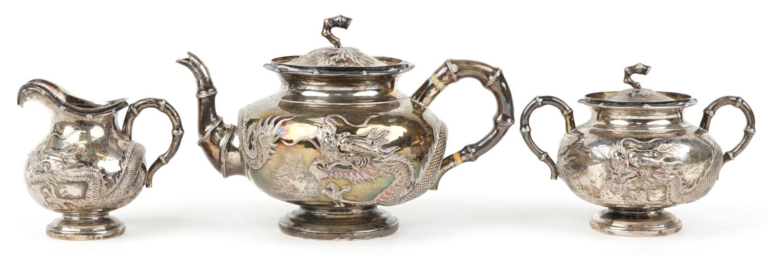 Chinese export silver and three piece tea service having simulated bamboo handles embossed with - Image 2 of 8