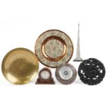 Sundry items including a chrome sculpture of the Burj Khalifa, Chinese brass plate, Indian pierced