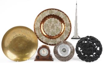 Sundry items including a chrome sculpture of the Burj Khalifa, Chinese brass plate, Indian pierced