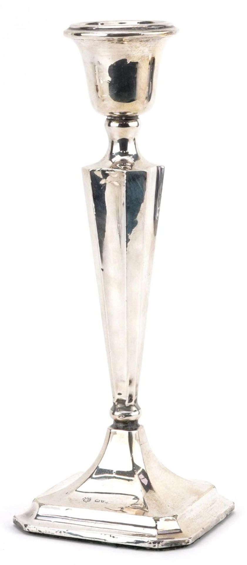 James Deakin & Sons, George V tapering candlestick with square base, Chester 1913, 26cm high, 618.0g - Image 2 of 4