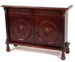 Mahogany side cabinet with inset marble top and reeded columns fitted with two drawers above a