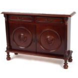 Mahogany side cabinet with inset marble top and reeded columns fitted with two drawers above a