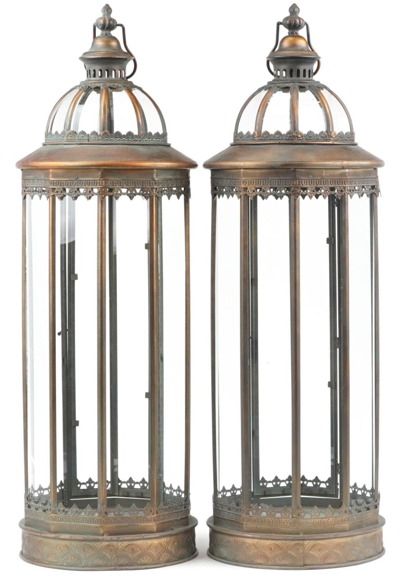 Large pair of bronzed hanging lanterns with glass panels, 85cm high