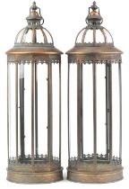 Large pair of bronzed hanging lanterns with glass panels, 85cm high