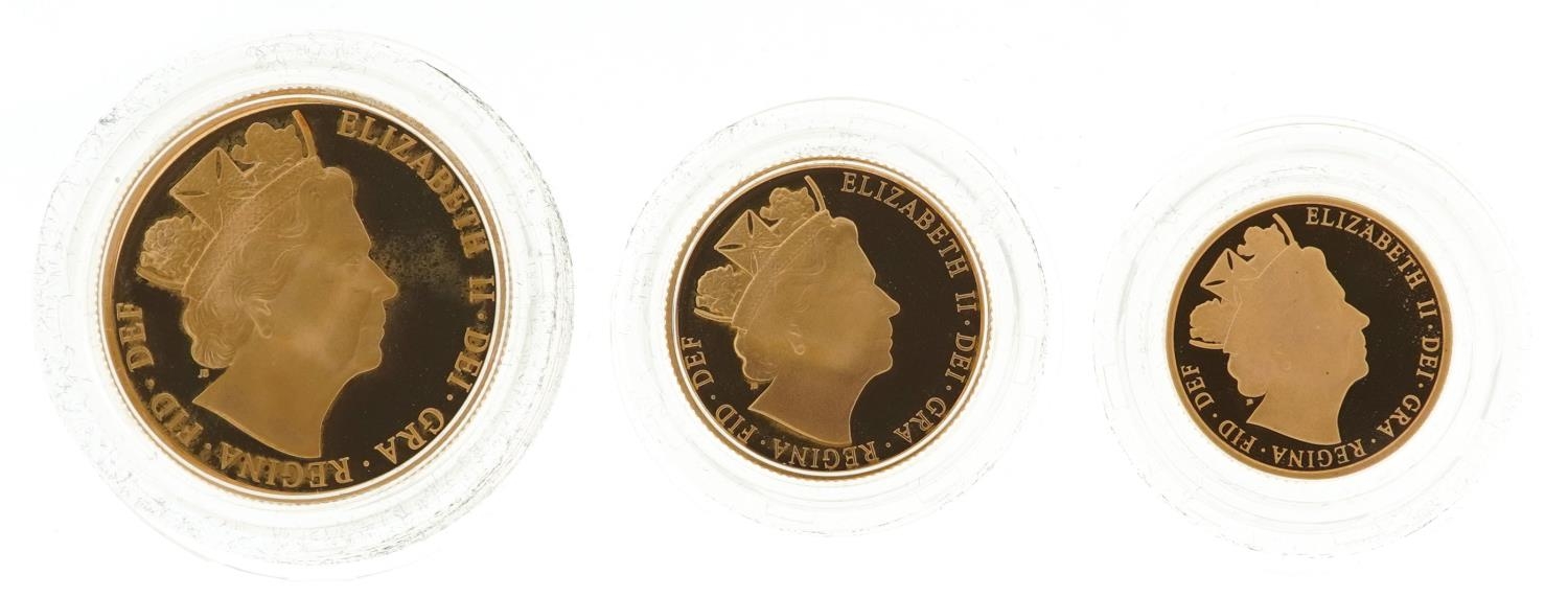 Elizabeth II 2016 sovereign Three-Coin Premium set by The Royal Mint comprising double sovereign, - Image 3 of 4