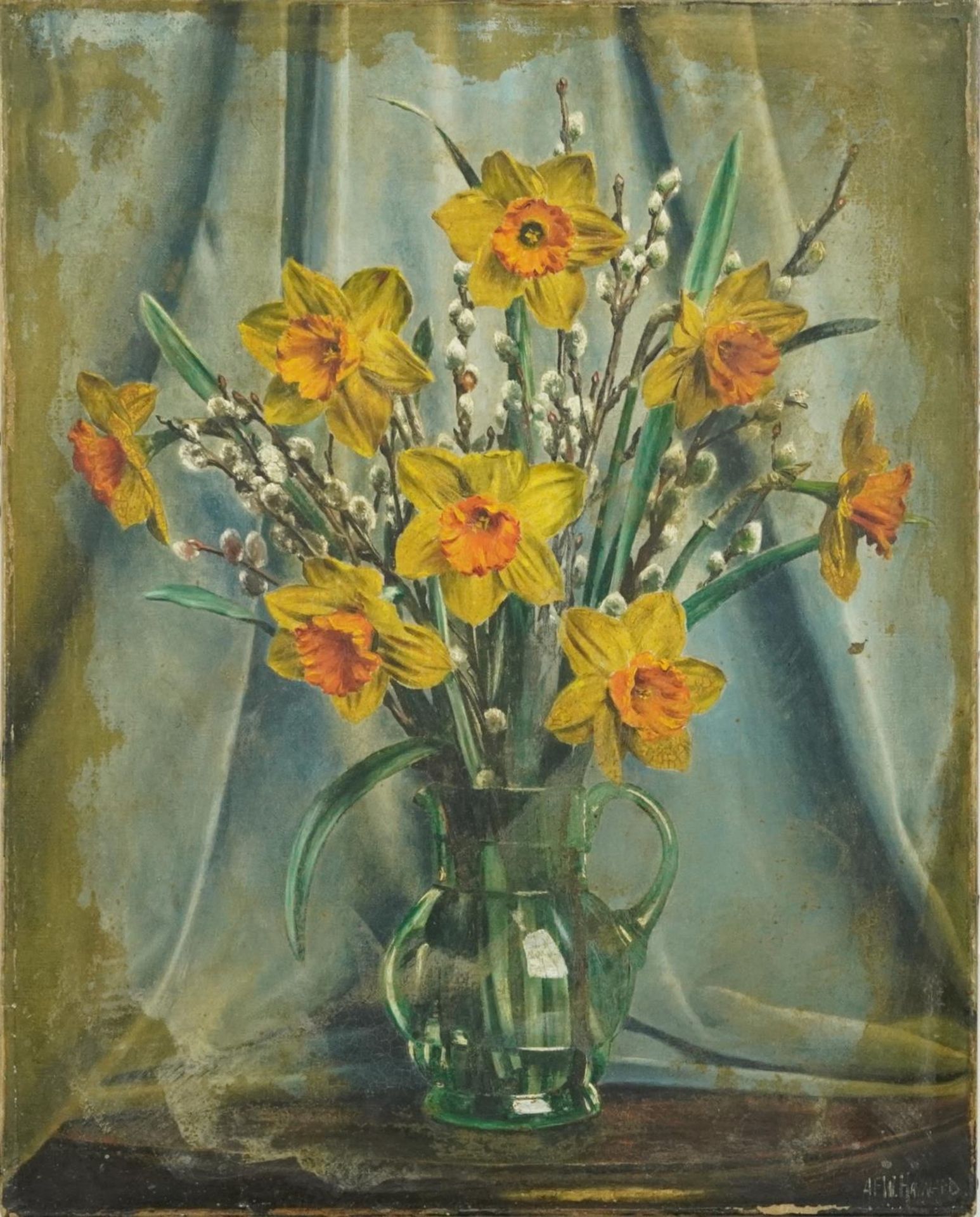 Alfred Frederick William Hayward - Daffodils and pussy-willow in a jug, Canadian school oil on