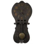 Oak Arts & Crafts drop dial wall clock having applied gilt painted Arabic numerals and plaque