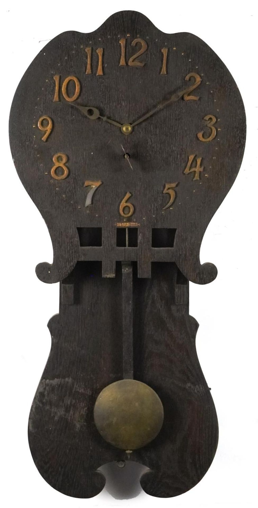 Oak Arts & Crafts drop dial wall clock having applied gilt painted Arabic numerals and plaque