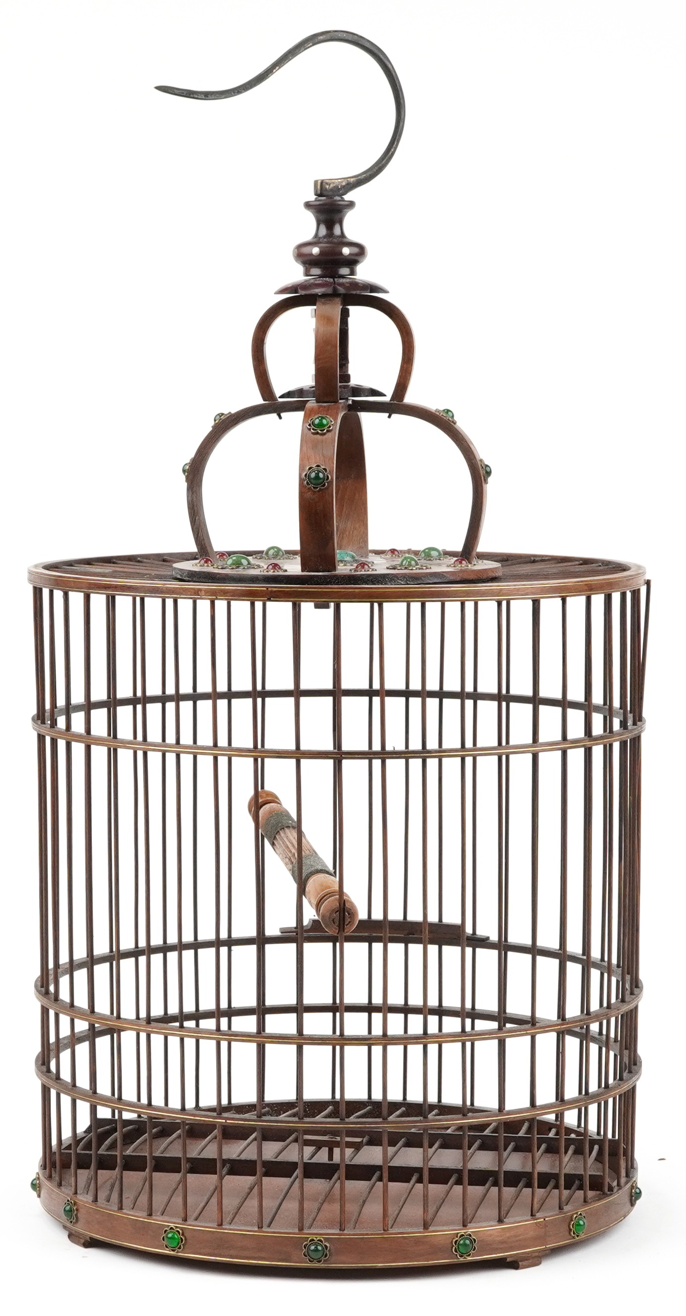 Chinese hardwood hanging birdcage with green and red cabochons, 65cm high - Image 3 of 4