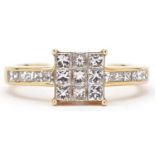 18ct gold princess cut diamond cluster ring with diamond set shoulders and certificate, total