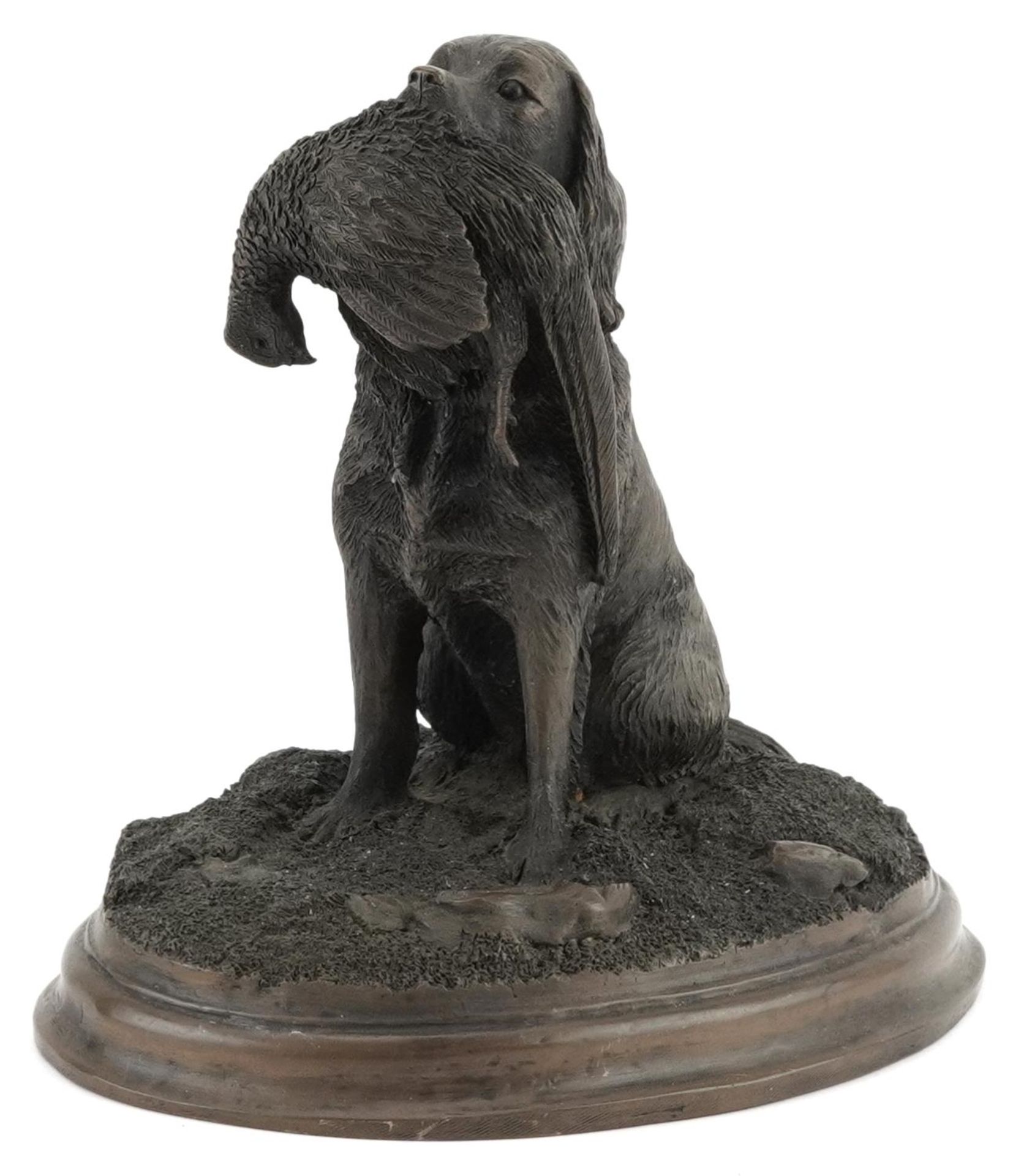 David Hughes, contemporary cold cast bronze statue of a gundog with it's catch, limited edition of
