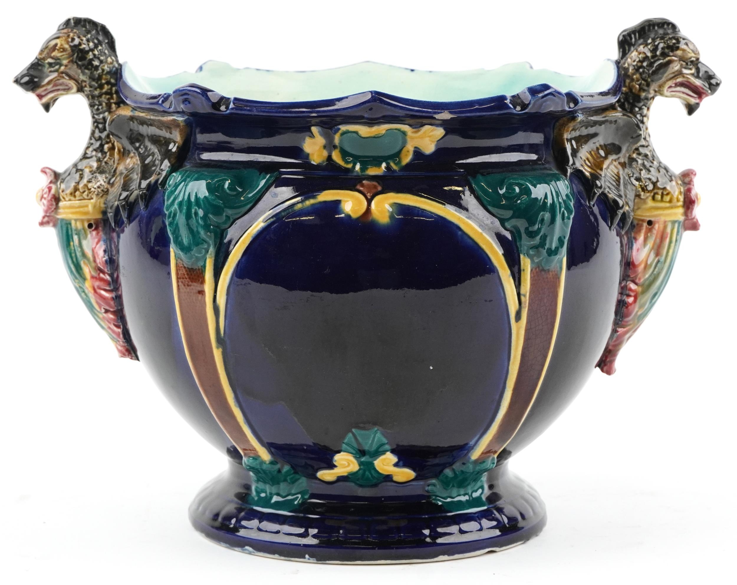 Thomas Forester & Sons, Victorian Majolica jardiniere with twin dragon handles, 35.5cm wide - Image 2 of 5