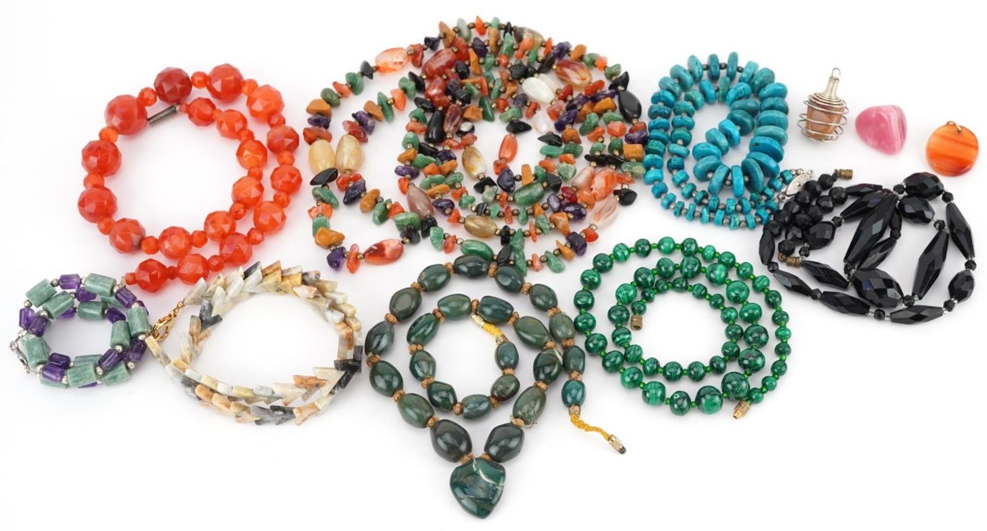 Semi precious stone jewellery comprising eight necklaces and three pendants including carnelian,