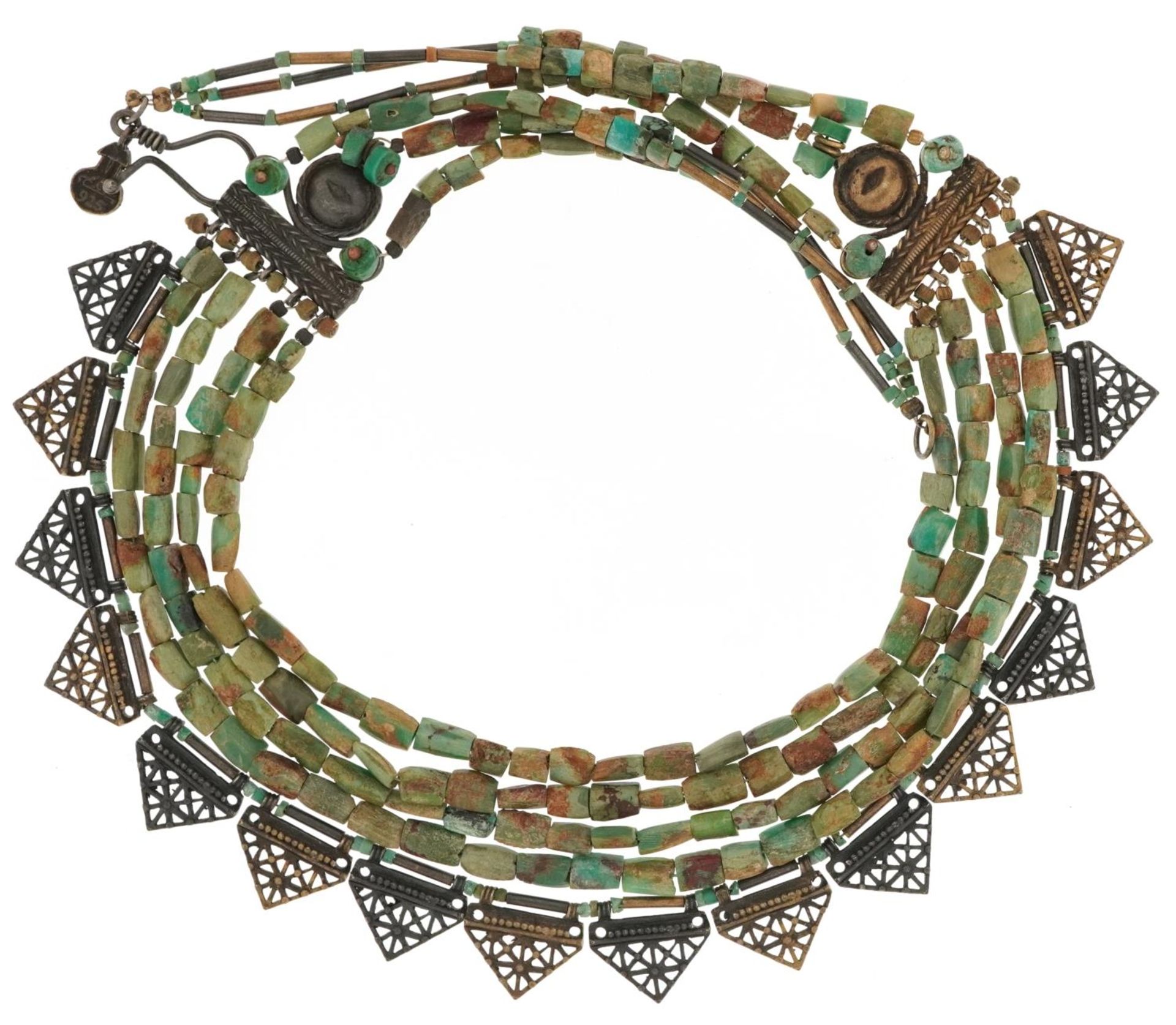 Egyptian Revival silver and faience turquoise five row necklace, 40cm in length, 56.2g - Bild 2 aus 3