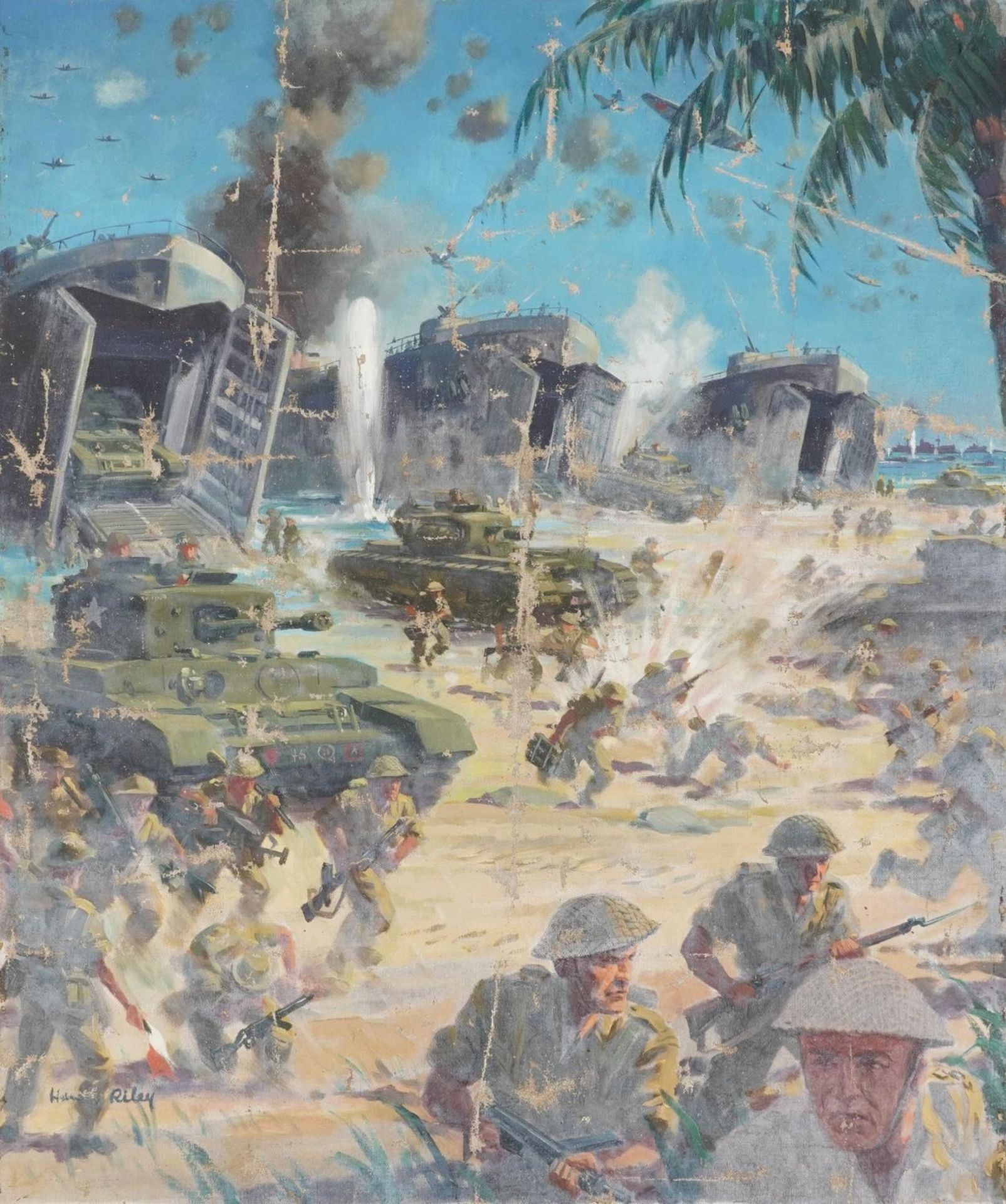 Harry Arthur Riley - Normandy, Military interest oil on unstretched canvas, overall 85cm x 59.5cm