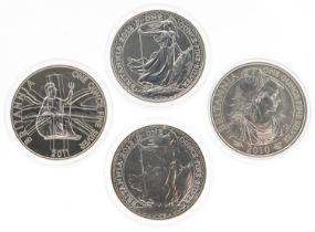 Four Elizabeth II Britannia one ounce fine silver two pounds comprising dates 2010, 2011, 2012 and