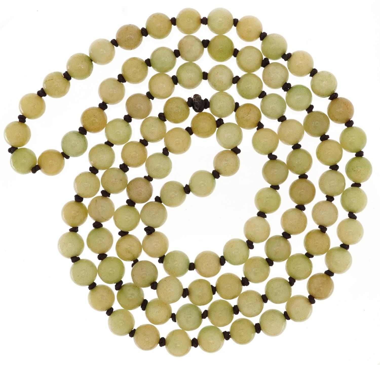 Chinese green jade bead necklace, 124cm in length, 150.7g - Image 2 of 2