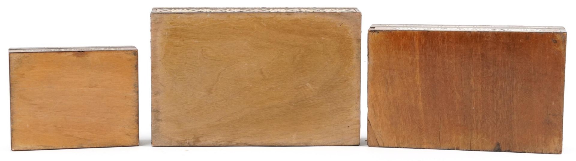 Three Syrian Moorish style rectangular inlaid wooden boxes, the largest 22cm wide - Image 4 of 4