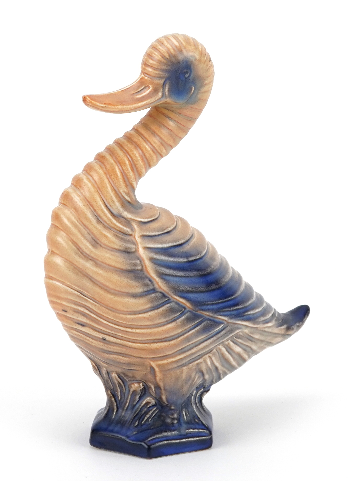 Carlton Ware, Art Deco ribbed duck having a peach and blue glaze, 21.5cm high