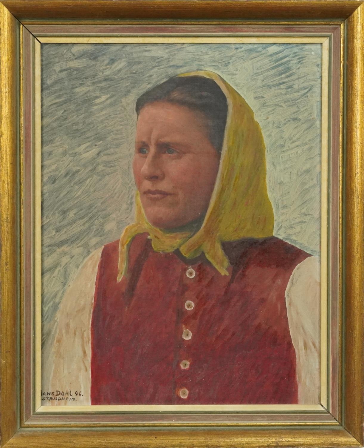 Hans Dahl 1896 - Head and shoulders portrait of a female, late 19th century Norwegian school oil - Image 2 of 6