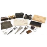 Sundry items including binoculars, whist marker, silver plated scissors and chainmail purse