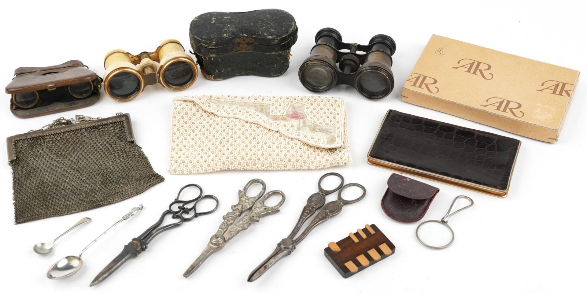 Sundry items including binoculars, whist marker, silver plated scissors and chainmail purse