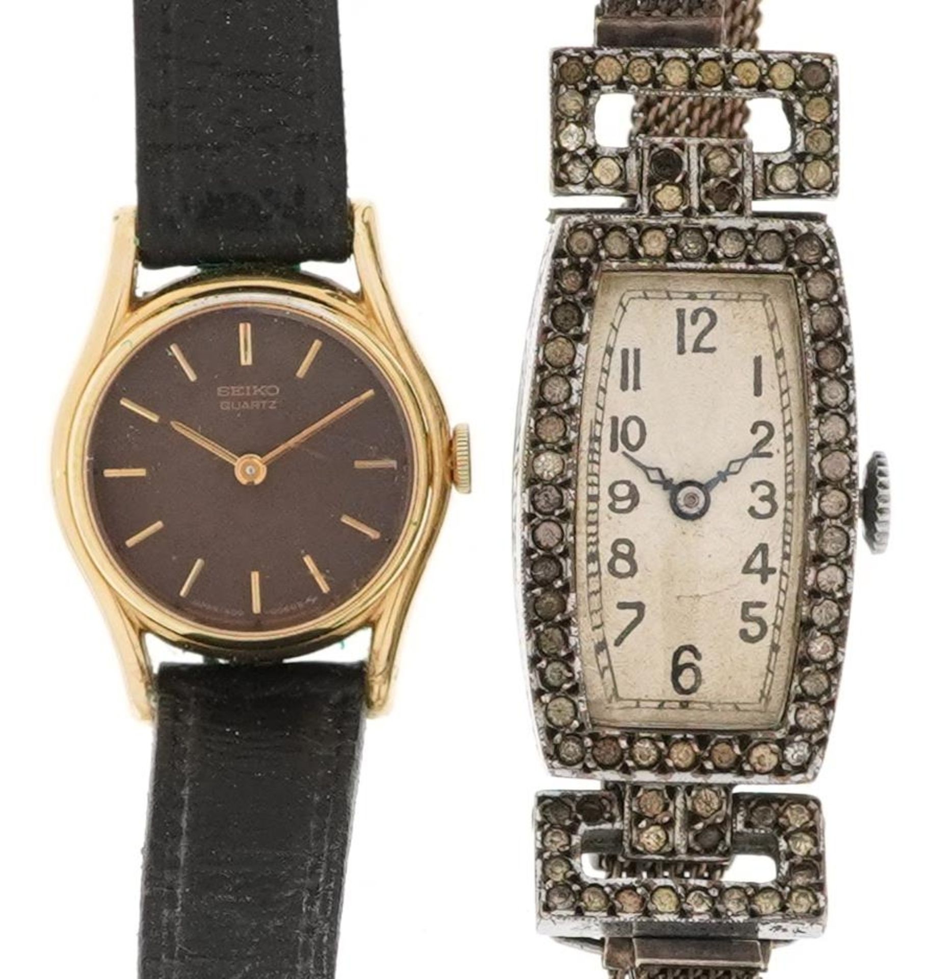 Two ladies wristwatches comprising Art Deco silver example set with clear stones and Seiko, the