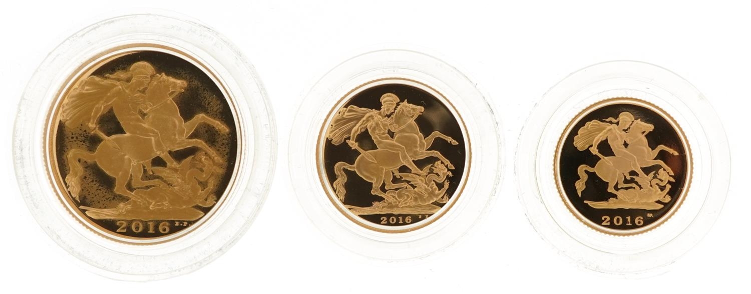 Elizabeth II 2016 sovereign Three-Coin Premium set by The Royal Mint comprising double sovereign, - Image 2 of 4