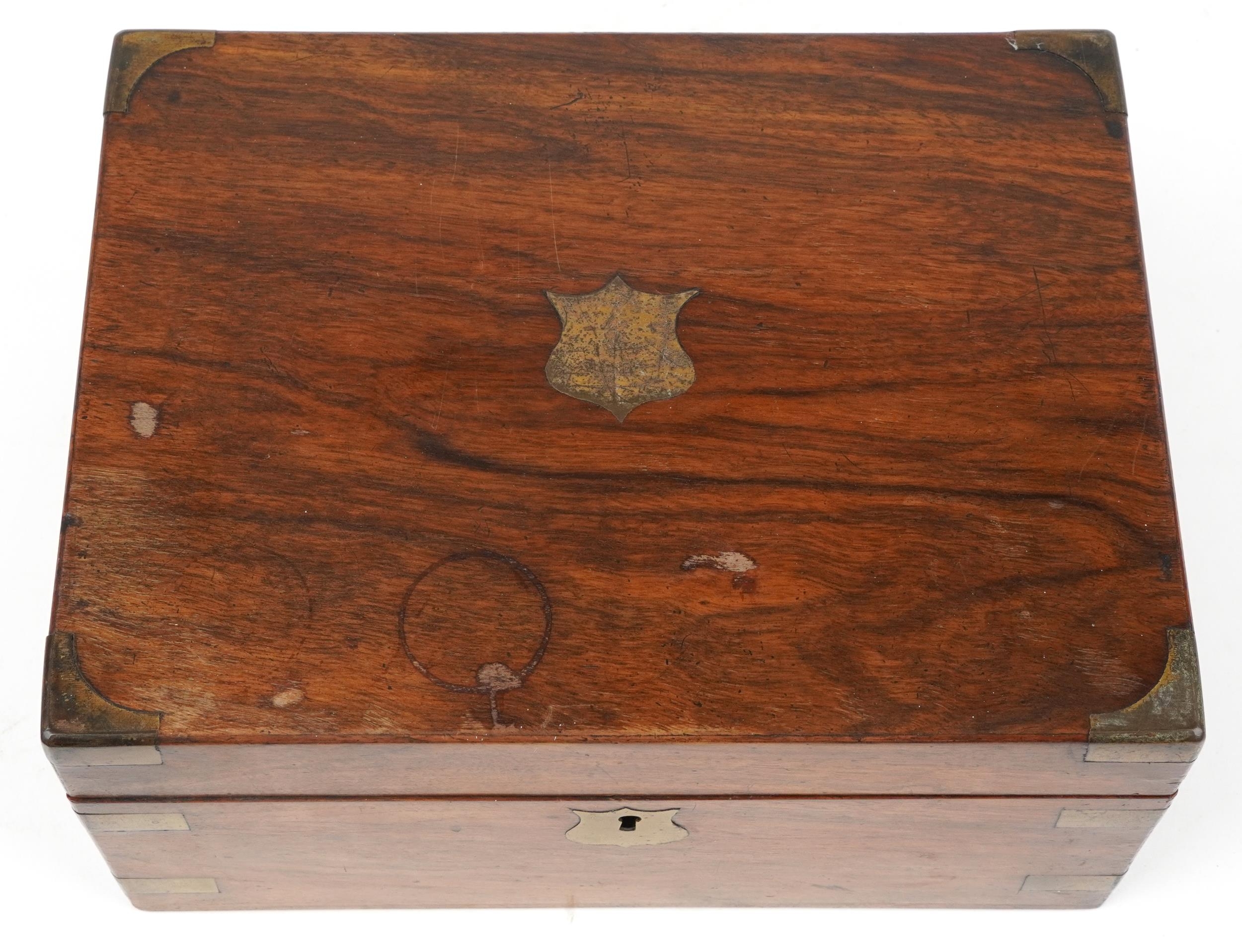 Victorian mahogany campaign style writing slope with tooled leather insert and brass mounts, 16cm - Image 3 of 5