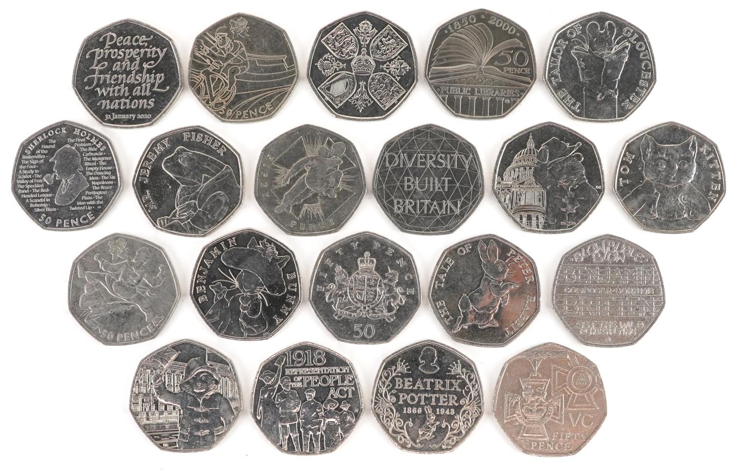 Twenty Elizabeth II fifty pence pieces, various designs including London 2012 Olympics and
